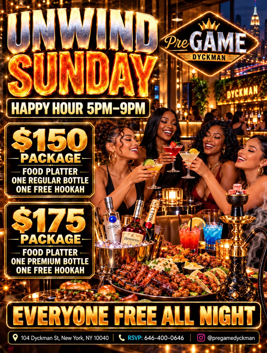 Unwind Sunday at PreGame Dyckman — friends toasting over a food platter, bottles and hookah