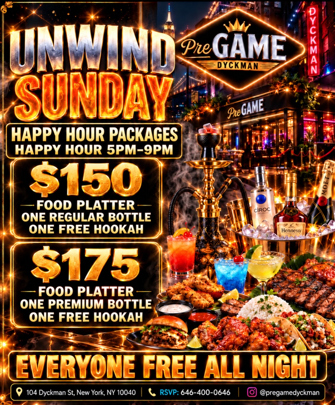 Unwind Sunday packages at PreGame Dyckman — hookah, bottles and a food spread