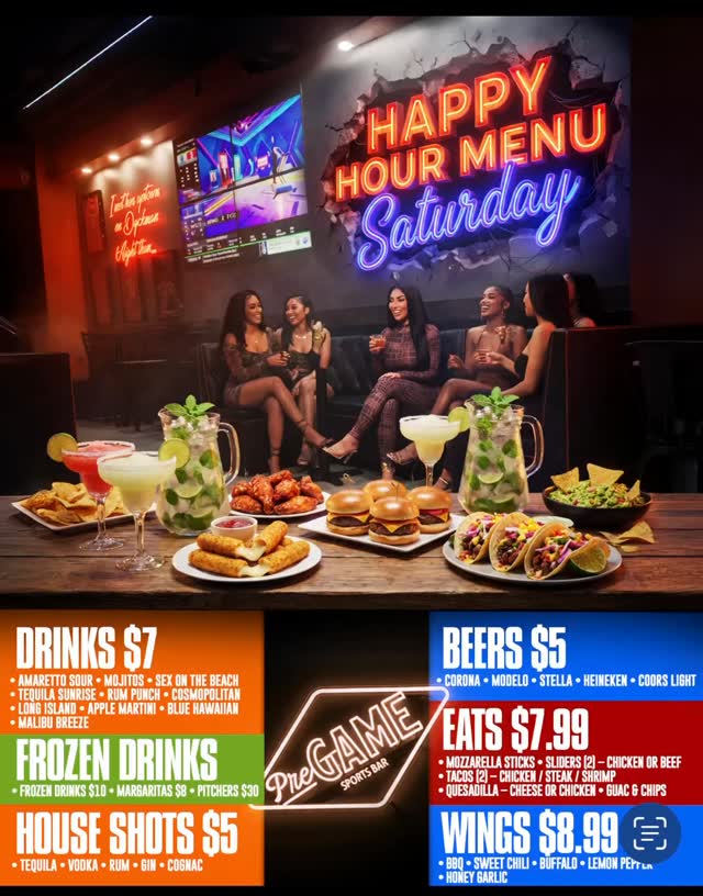 Happy Hour Saturday at PreGame Dyckman — guests on couches, big screens, neon sign